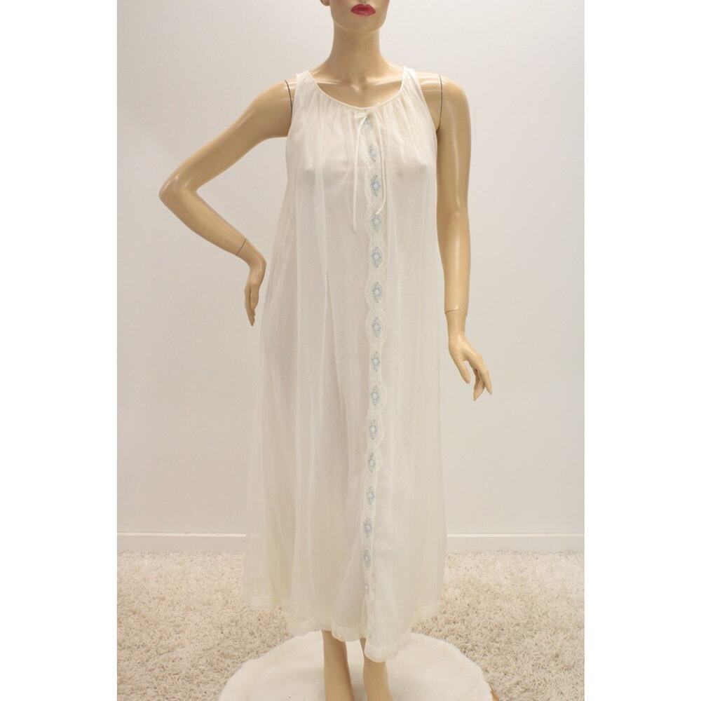 Vintage Miss Elaine Long Nightgown Small Double Nylon Illusion Lace Ivory Whimsy